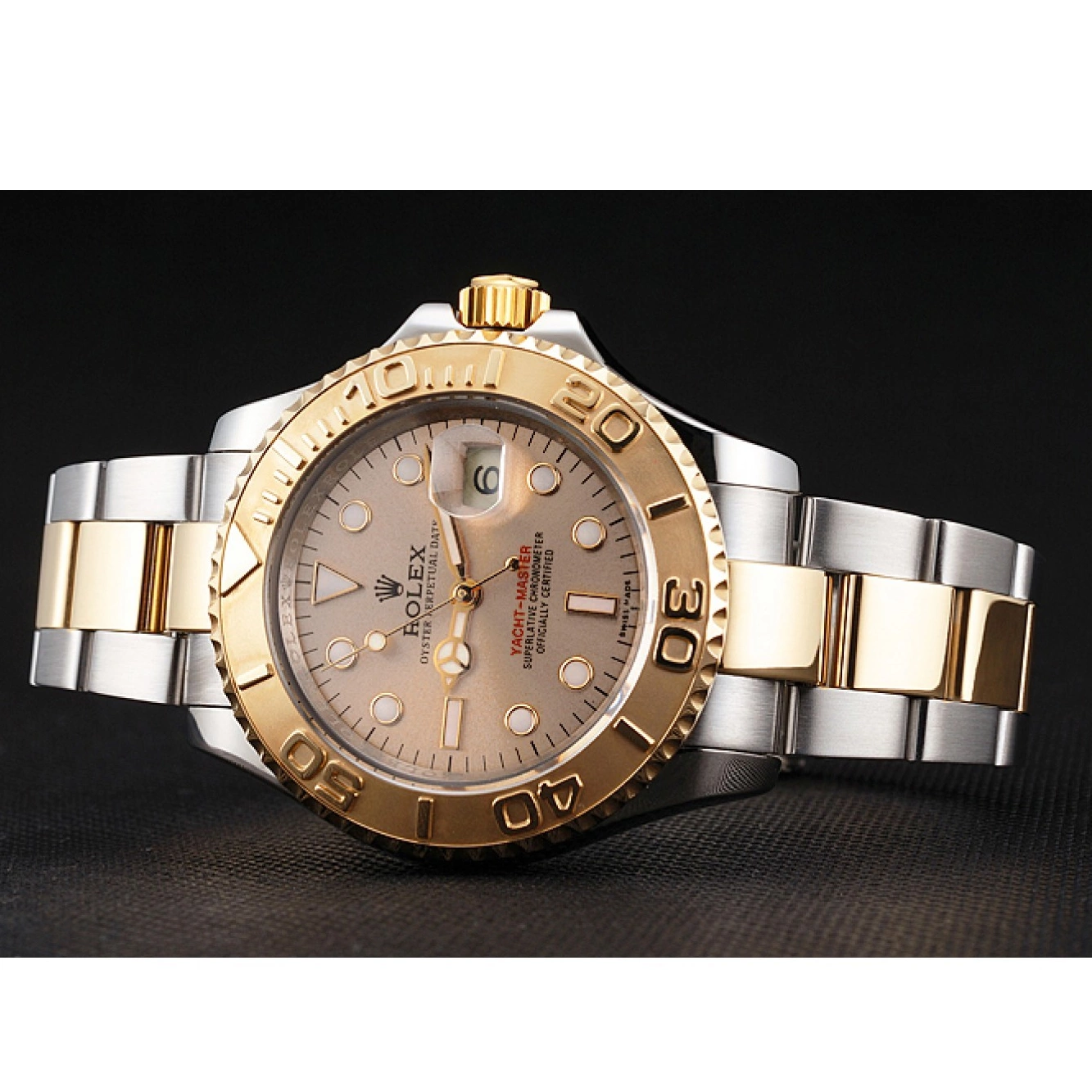 Aaa replica watch Tone Case Bracelet Gold Bezel Two Yacht-Master Stainless Rolex Swiss Champagne Dial Steel 0717